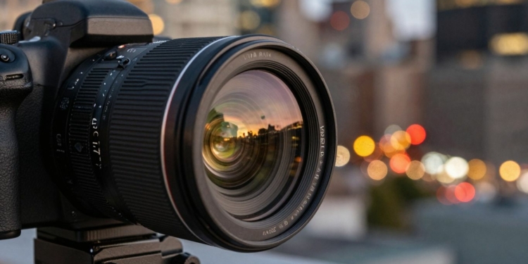 Camera lens capturing city lights for stock photos.