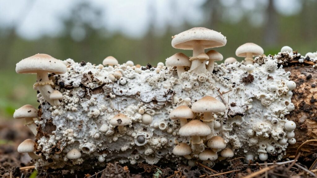 Mushrooms growing on a log in a forest.