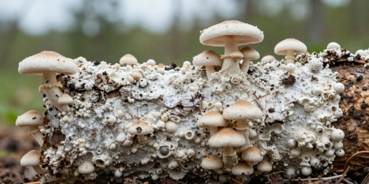 Mushrooms growing on a log in a forest.