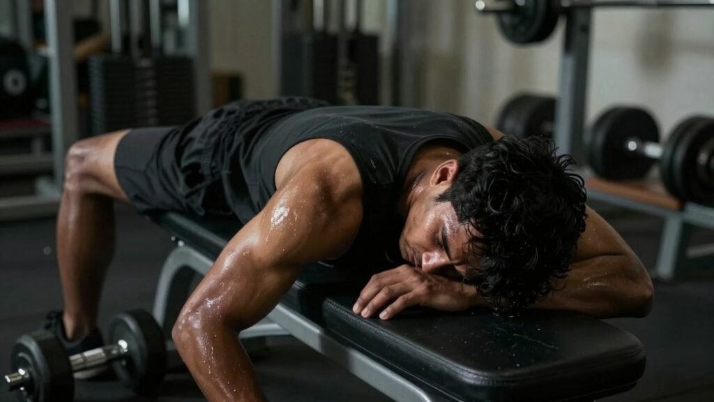 Exhausted person collapsing on gym bench after workout.