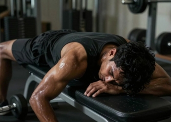 Exhausted person collapsing on gym bench after workout.