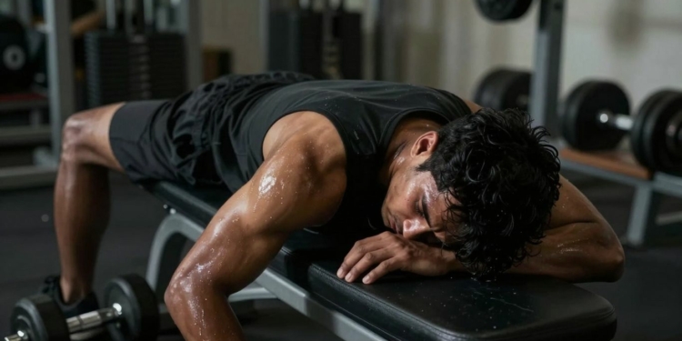 Exhausted person collapsing on gym bench after workout.
