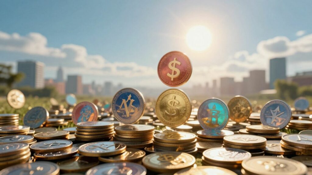 Altcoins rising towards a bright sun, symbolizing crypto growth.