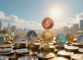 Altcoins rising towards a bright sun, symbolizing crypto growth.