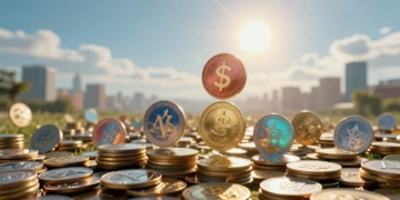 Altcoins rising towards a bright sun, symbolizing crypto growth.