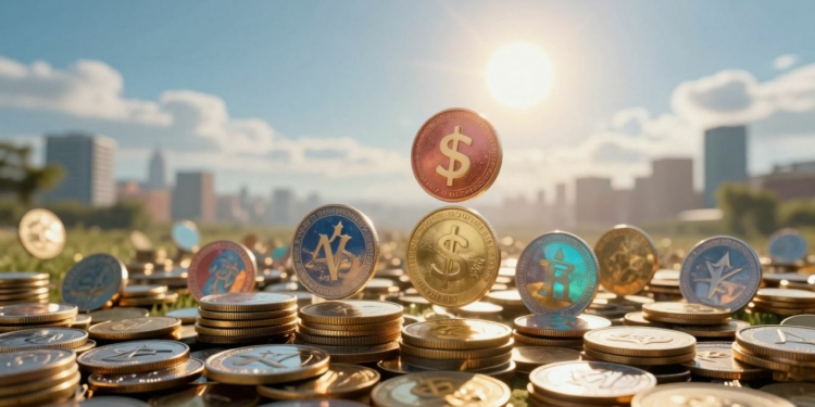 Altcoins rising towards a bright sun, symbolizing crypto growth.