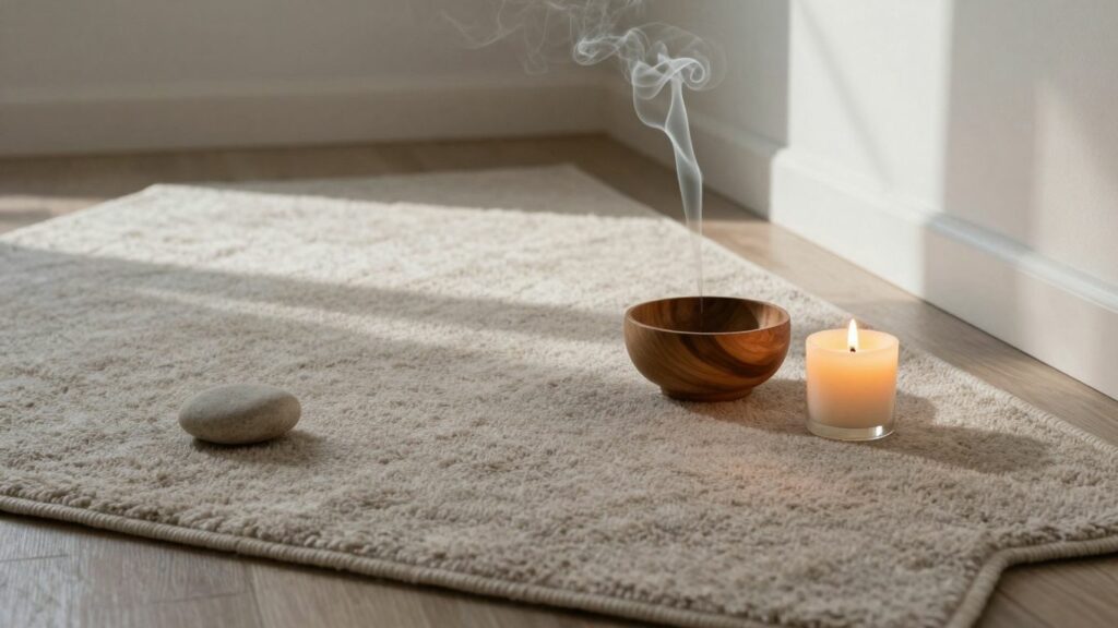 Sacred items arranged on a rug for prayer and meditation.