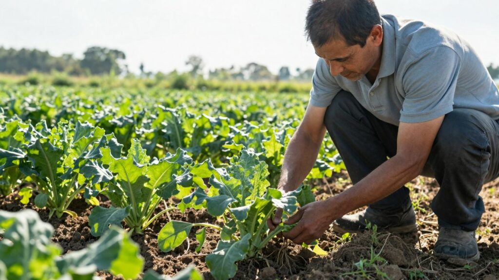 Farmer inspecting healthy crops in a sunny field.