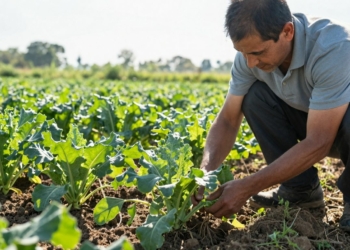 Farmer inspecting healthy crops in a sunny field.