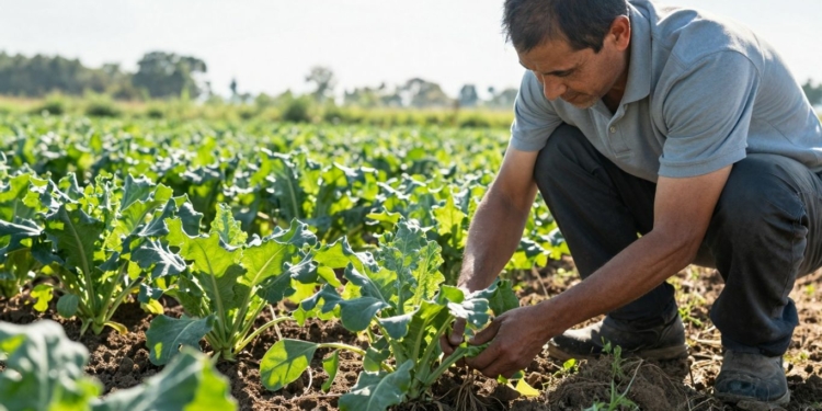 Farmer inspecting healthy crops in a sunny field.