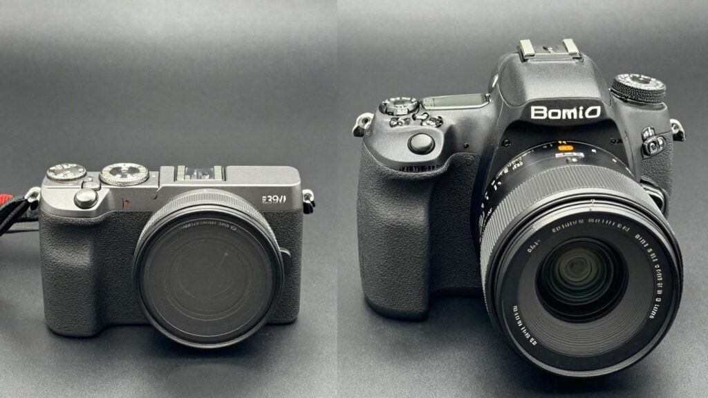 Mirrorless camera next to a DSLR camera.