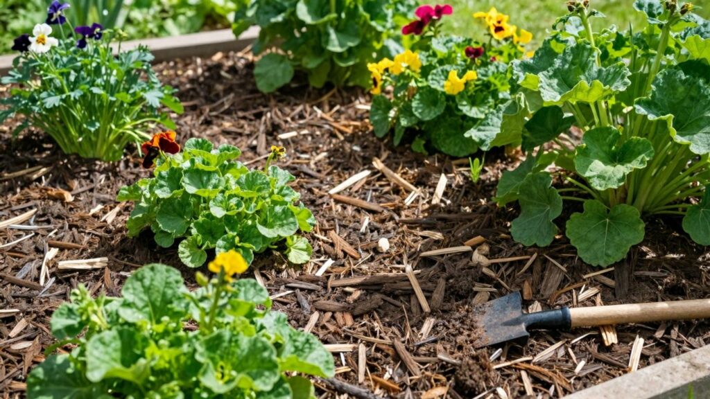 Garden bed with fresh mulch around plants.