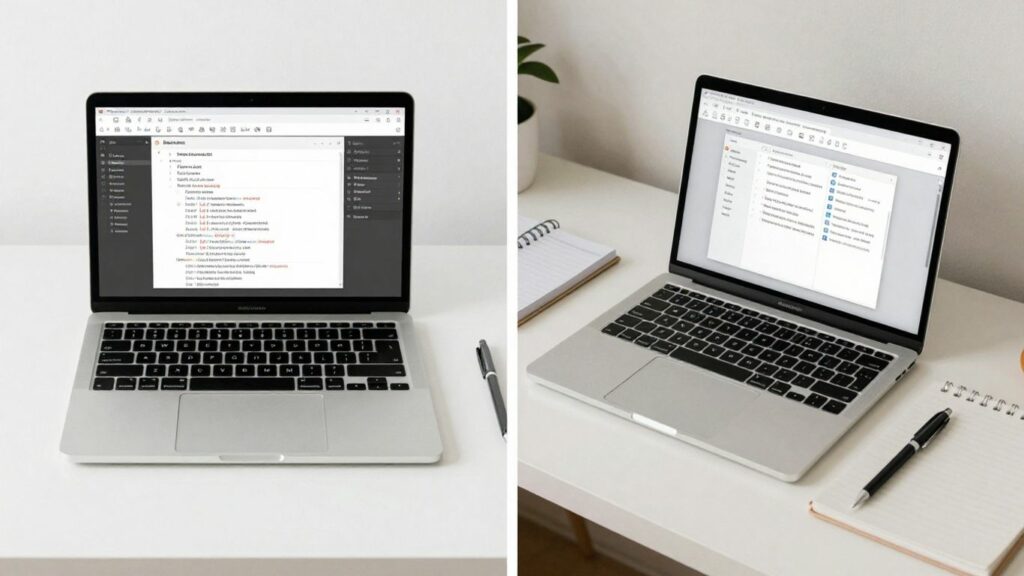 Scrivener and Word interfaces side-by-side on laptops.