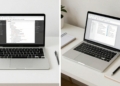 Scrivener and Word interfaces side-by-side on laptops.