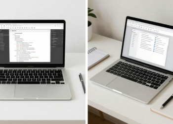 Scrivener and Word interfaces side-by-side on laptops.