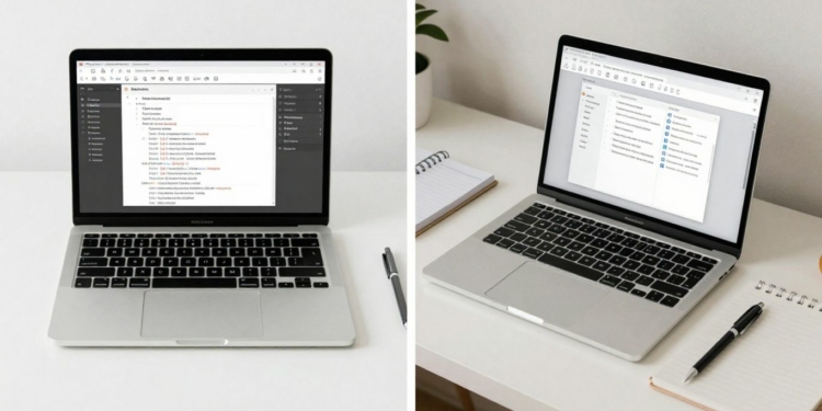 Scrivener and Word interfaces side-by-side on laptops.
