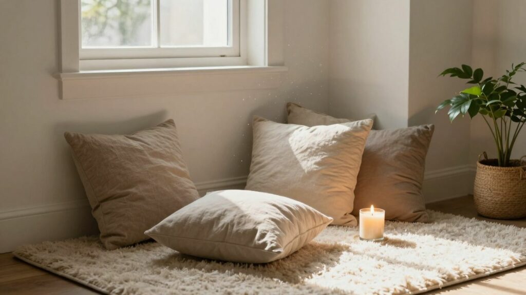 Serene home prayer and meditation space with soft lighting.