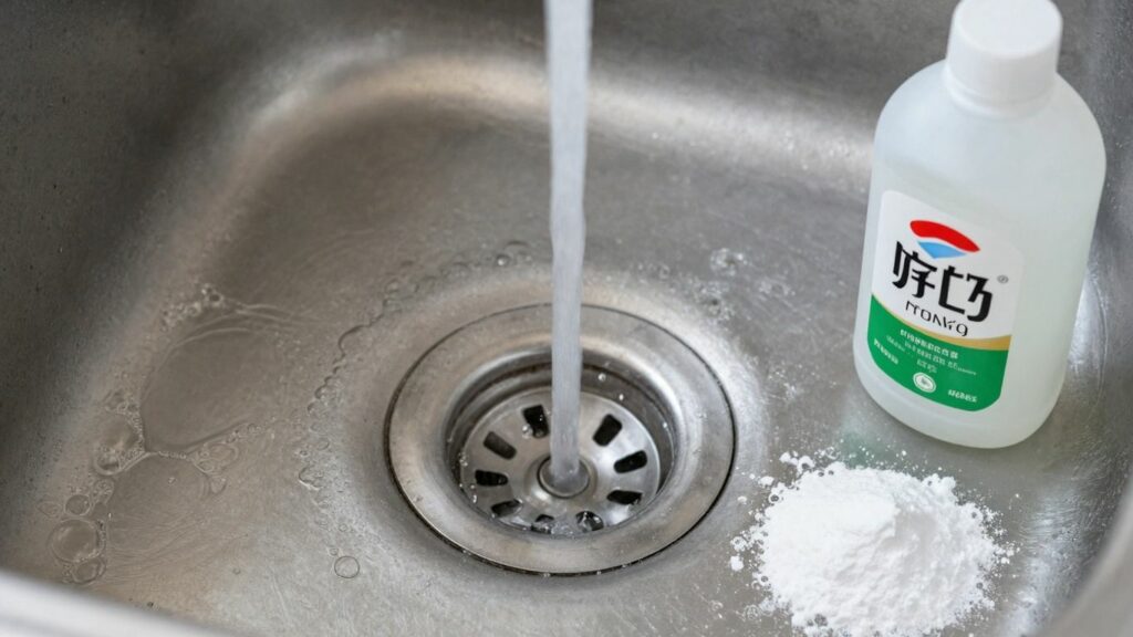Baking soda and vinegar near a kitchen sink drain.