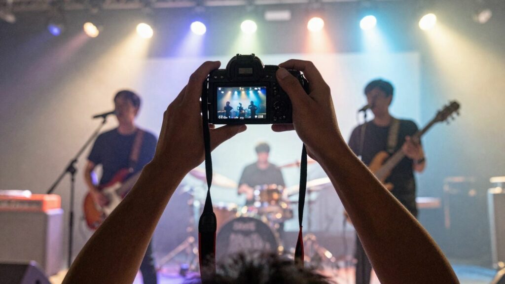Concert photographer capturing a dimly lit stage with colorful spotlights.