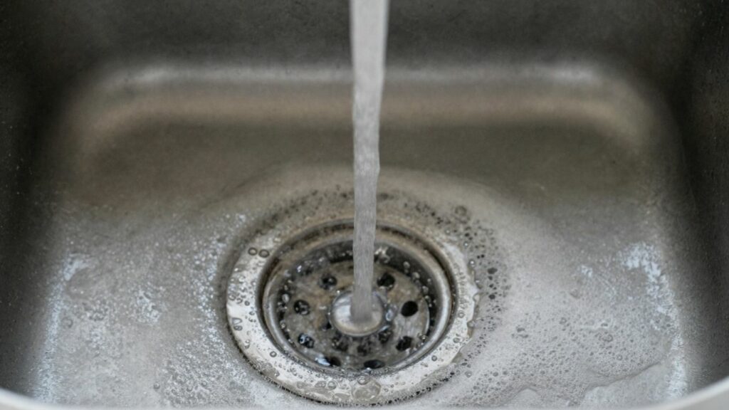 Dish soap and hot water unclogging a kitchen sink drain.