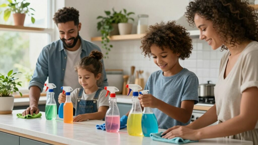 Family cleaning kitchen with natural products.