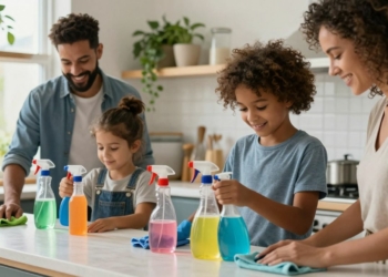 Family cleaning kitchen with natural products.