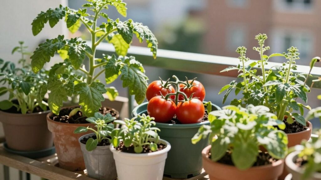 Small balcony garden with fresh vegetables and herbs.