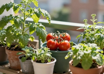 Small balcony garden with fresh vegetables and herbs.