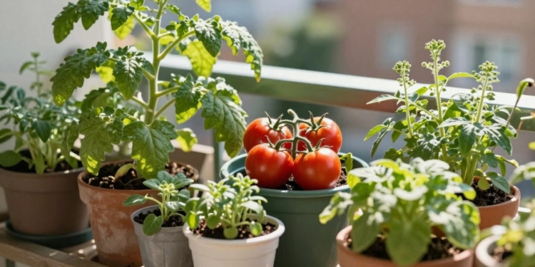 Small balcony garden with fresh vegetables and herbs.