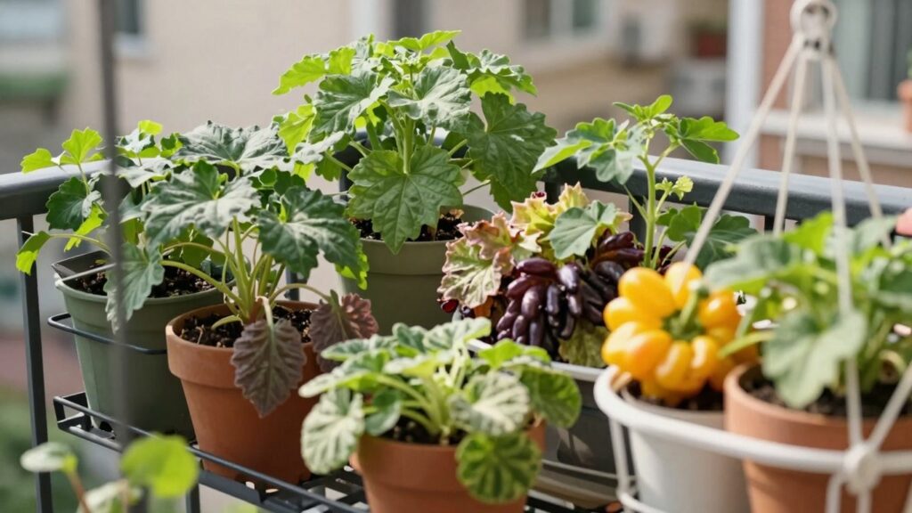 Small balcony garden with abundant edible plants.