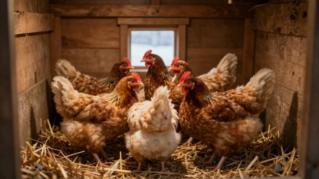 Cozy chicken coop interior with warm lighting and chickens.