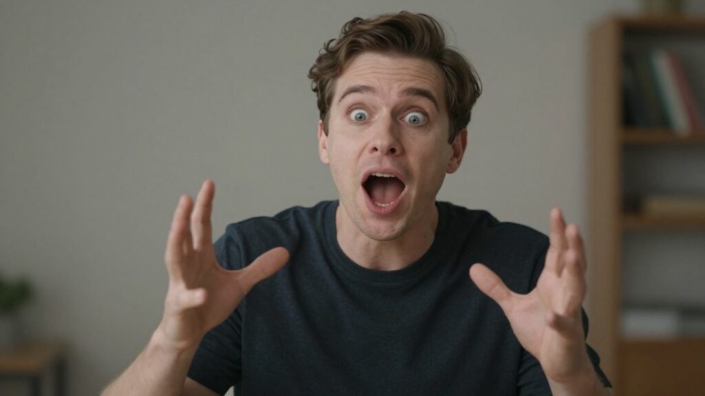 Person speaking with animated expressions and gestures.