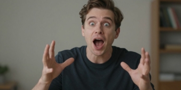 Person speaking with animated expressions and gestures.