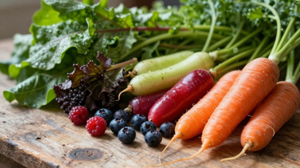 Colorful fruits and vegetables for eye health.