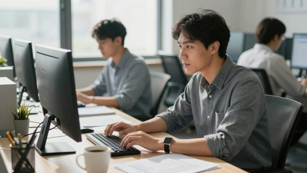 Project manager working at a desk in an office.