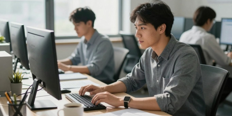 Project manager working at a desk in an office.