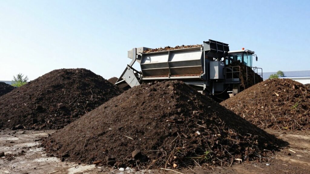 Industrial composting operation with large compost piles.