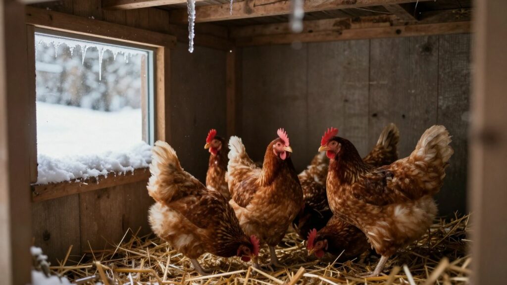 Cozy chicken coop interior with straw bedding and chickens.