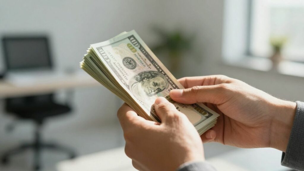 Hands holding cash, business loan approval concept.