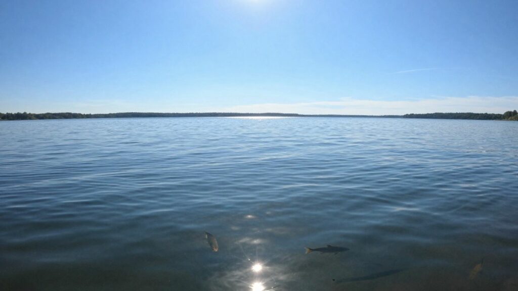 Fish swimming in a lake under a clear sky.