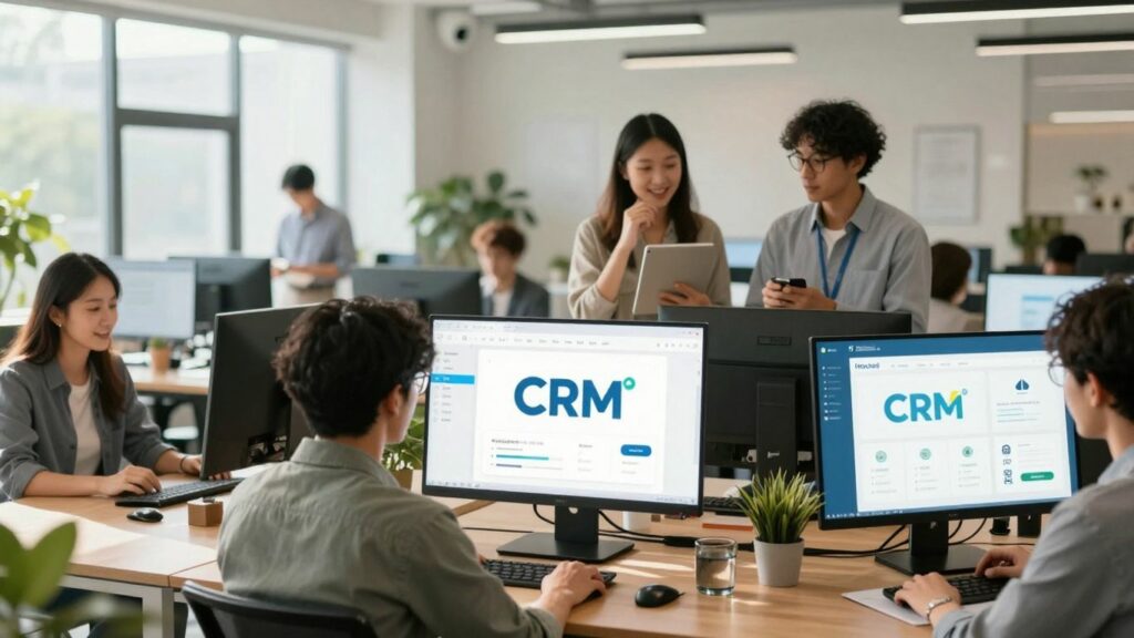 Small business owners using CRM software on digital devices.