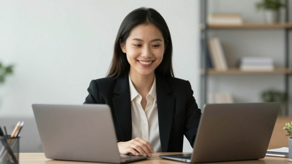 Woman in professional attire during a video interview.