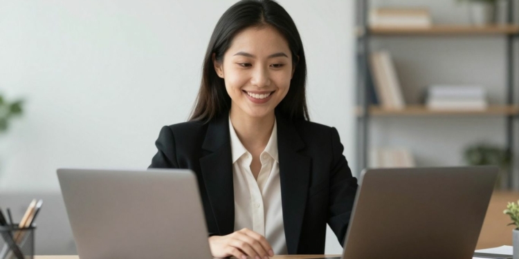 Woman in professional attire during a video interview.