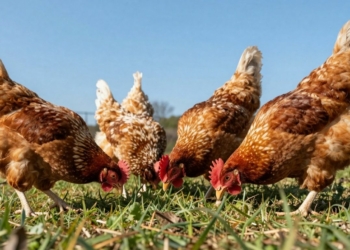 Healthy chickens in a sunny farmyard