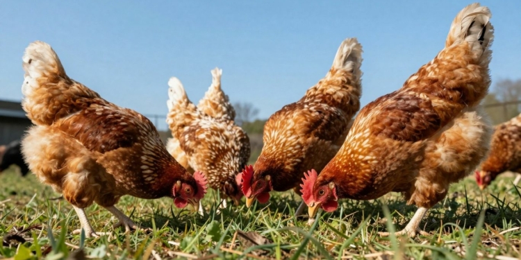 Healthy chickens in a sunny farmyard