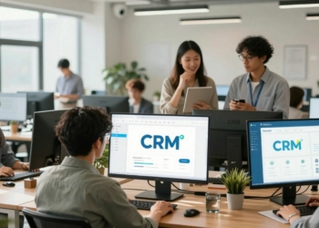 Small business owners using CRM software on digital devices.