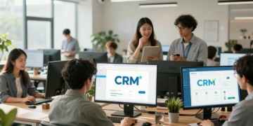 Small business owners using CRM software on digital devices.