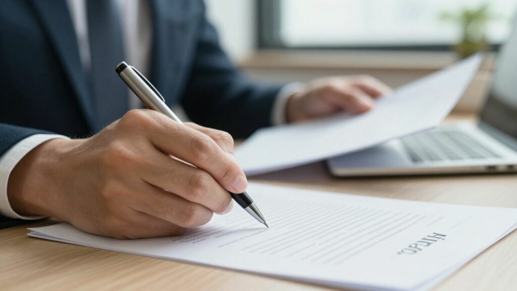 Hand signing a freelance contract with a pen.