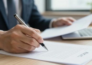 Hand signing a freelance contract with a pen.