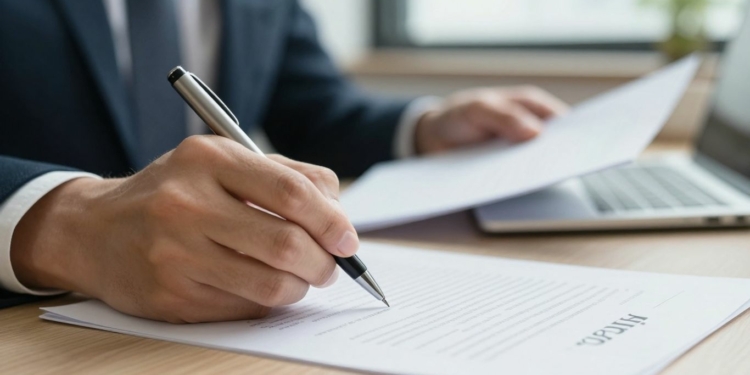 Hand signing a freelance contract with a pen.